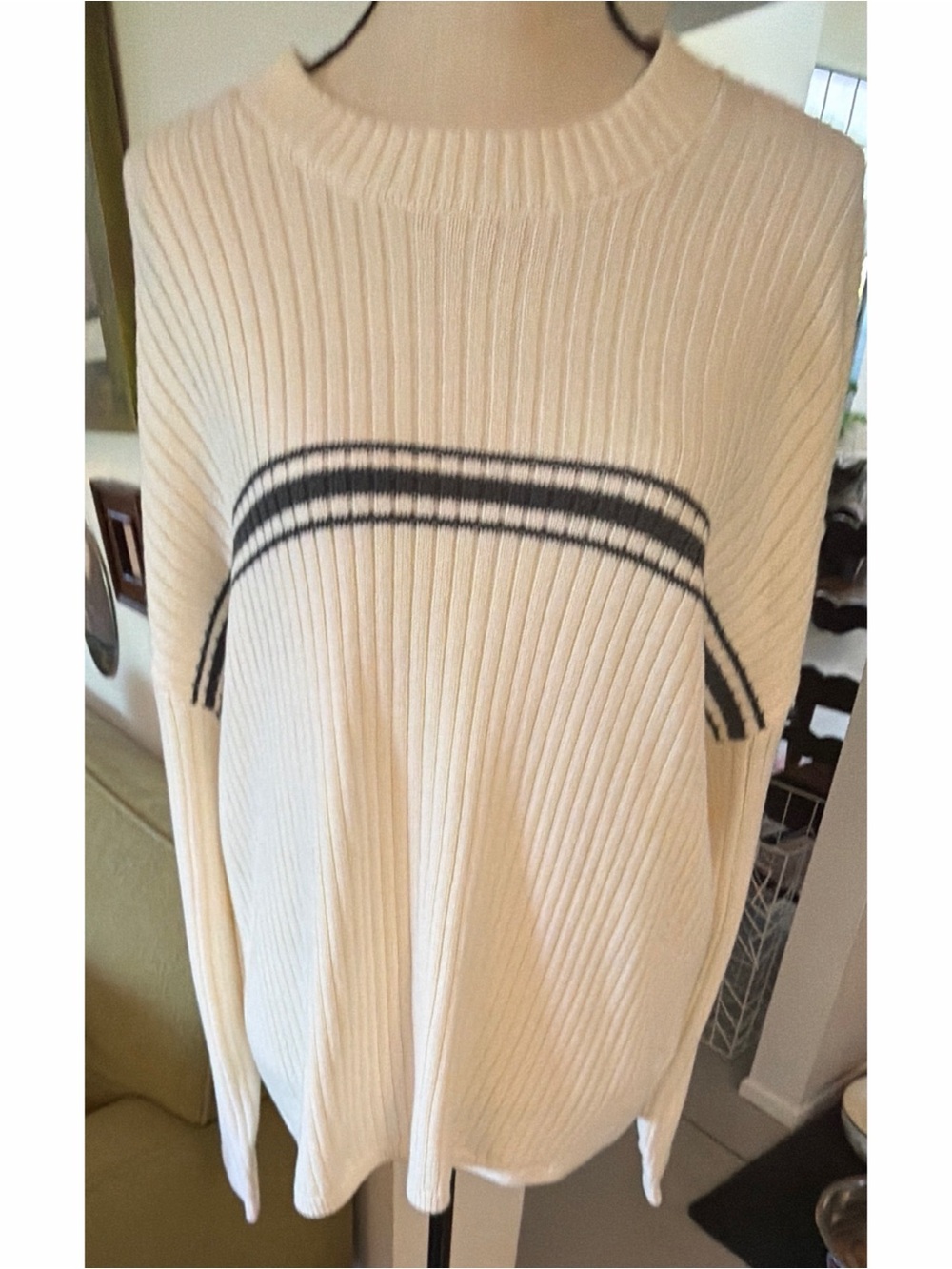 Hollister Cream Ribbed Crew Sweater with Navy Stripes